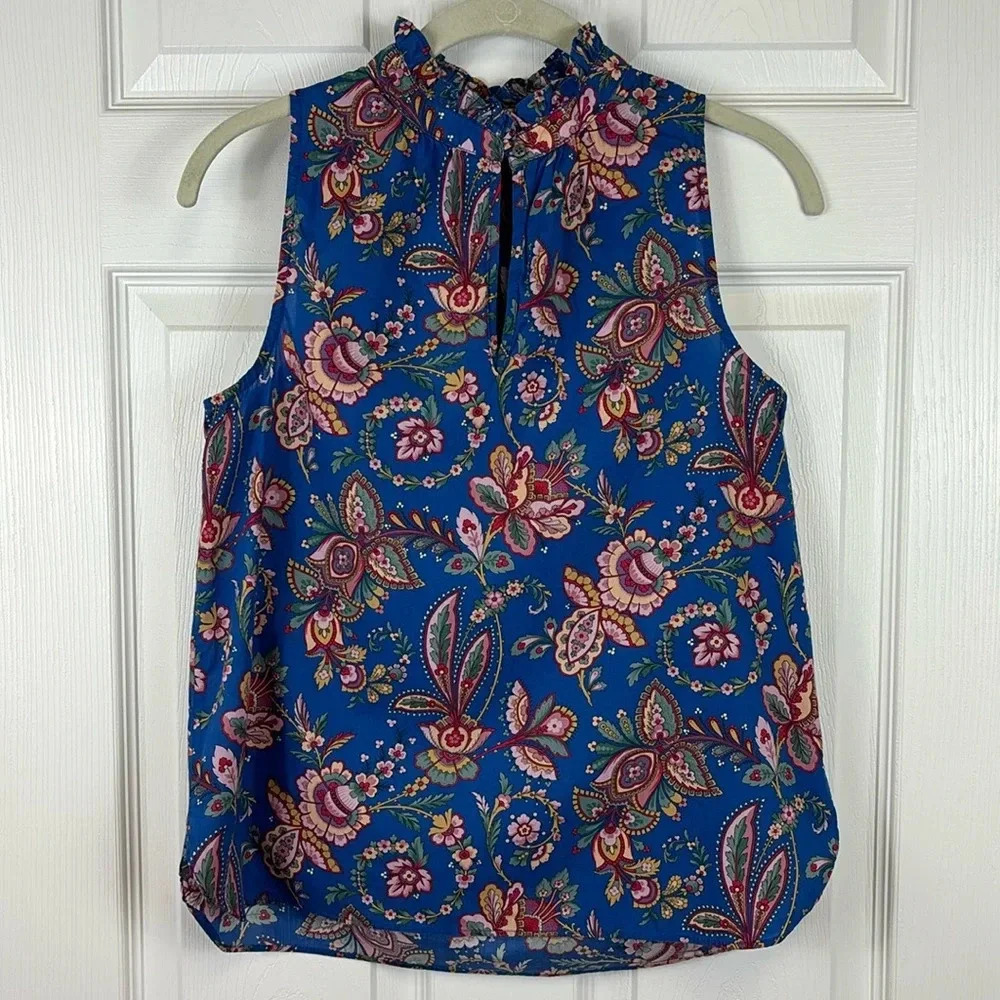 J. Crew x liberty fabric belle flora ruffle neck blue floral tank top sz 0